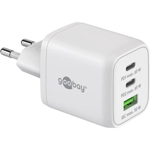 goobay USB-C Schnellladegerät Nano, PD, GaN, 65 Watt (weiß, 1x USB-A, 2x USB-C PD, Charge 3.0)