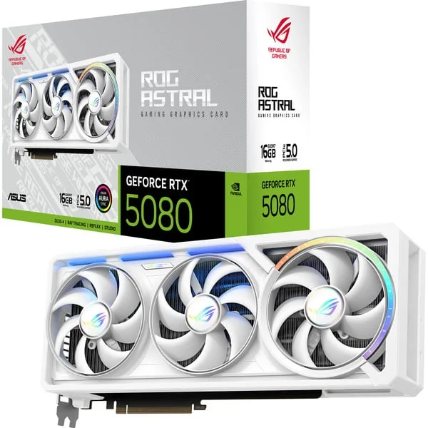 ASUS GeForce RTX 5080 ROG ASTRAL GAMING WHITE Edition, Grafikkarte (weiß, DLSS 5, 3x DisplayPort, 2x HDMI 2.1)