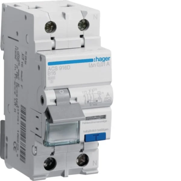 Hager Fehlerstrom-Leitungsschutzschalter 1 Pol + Neutralleiter 6 Kiloampere B-16 Ampere 10 Milliampere, Sicherung (Retail)