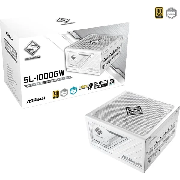 ASRock Steel Legend SL-1000GW, PC-Netzteil (weiß, 1x 12-Pin High Power GPU, 3x PCIe, Kabelmanagement, 1000 Watt)