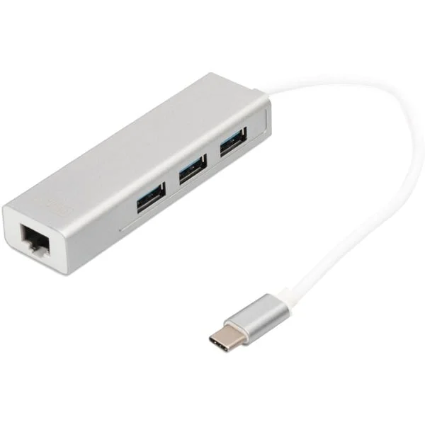 Digitus USB 3.2 Gen 1 Multiport-Hub, USB-C Stecker > 3x USB-A Buchse + RJ-45 Buchse, USB-Hub (weiß/silber, 20cm, Gigabit LAN)