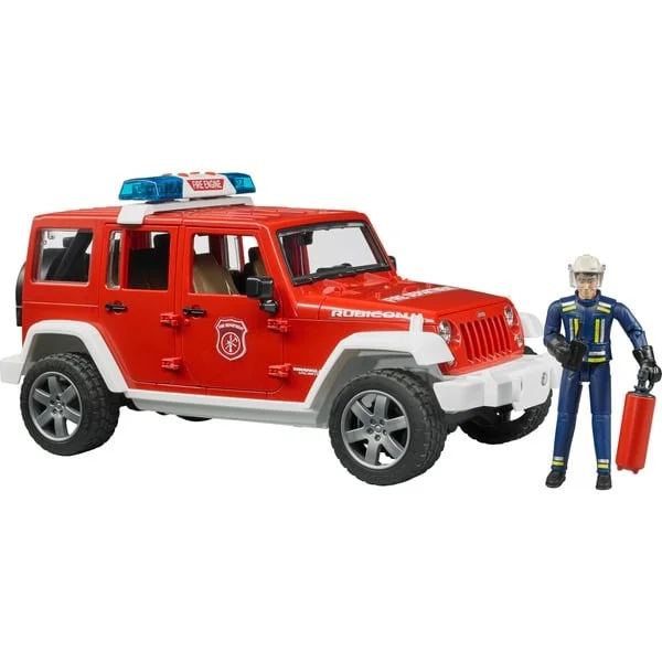 bruder 02528 Jeep Wrangler Unlimited Rubicon Feuerwehrfahrzeug mit Feuerwehrmann, Modellfahrzeug (rot/weiß)
