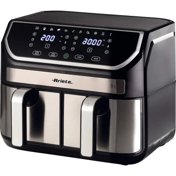 Ariete Heißluftfritteuse Dual Metal 9 L (edelstahl/schwarz, 2.100 Watt, 2 Körbe je 4,5 Liter)