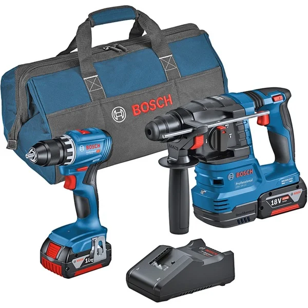 Bosch Professional Kombi-Set Akku-Bohrschrauber GSR 18V-45 + Akku-Bohrhammer GBH 18V-22 (blau, 2x Li-Ionen Akku 4,0Ah, Werkzeugtasche)