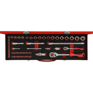 GEDORE Red Steckschlüssel-Satz 1/4" + 1/2", 49-teilig (rot, mit 2 Umschalt-Knarren, SW 4mm - 24mm)