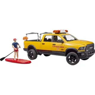 bruder 02506 RAM 2500 Power Wagon Life Guard, Modellfahrzeug (gelb/schwarz, Inkl. Figur, Stand Up Paddle und Light & Sound Modul)