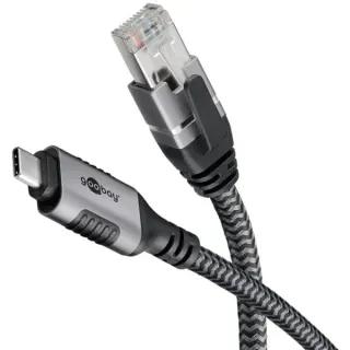 goobay Ethernet-Kabel USB-C 3.2 Gen2 Stecker > RJ-45 Stecker, LAN-Adapter (schwarz/silber, 10 Meter, geflochtener Textilmantel)