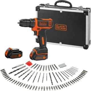 BLACK+DECKER Akku-Bohrschrauber BDCDD12BAFC, 10,8Volt (schwarz/orange, 2x Li-Ionen Akku 1,5Ah, Koffer, 100-teiliges Zubehör-Set)
