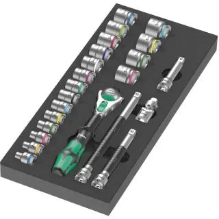 Wera 9721 Schaumstoffeinlage 8000 B Zyklop Knarre 3/8" Set 1, 23‑teilig, Werkzeug-Set (schwarz/grau, Knarren- und Stecknuss-Satz, in Schaumstoffeinlage für Werkstattwagen)