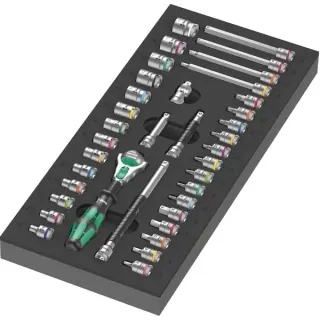 Wera 9720 Schaumstoffeinlage 8000 A Zyklop Knarre 1/4" Set 1, 37‑teilig, Werkzeug-Set (schwarz/grau, Knarren- und Stecknuss-Satz, in Schaumstoffeinlage für Werkstattwagen)