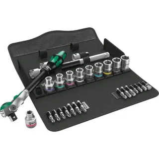 Wera 8100 SC 9 Zyklop Speed-Knarrensatz, zöllig, 28‑teilig, Werkzeug-Set (schwarz/grün, 1/2", Speed-Knarre mit schwenkbarem Kopf)