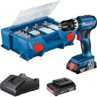 Bosch Professional Akku-Schlagbohrschrauber GSB 18V-45 Professional, 18Volt (blau/schwarz, 2x Li-Ionen Akku 2,0Ah, 82-teiliges Zubehör-Set, in L-Case)