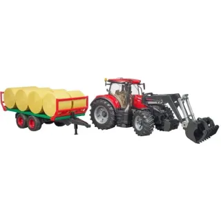 bruder 03198 Case IH Optum 300CVX mit Frontlader und Ballentransportanhänger, Modellfahrzeug