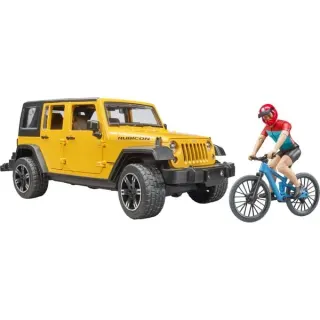 bruder 02543 Jeep Wrangler Rubicon Unlimited, Modellfahrzeug (gelb/schwarz, Inkl. Mountainbike und Radfahrer)
