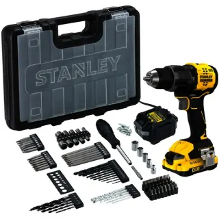 Stanley Akku-Schlagbohrschrauber (SFMCD716D1A-QW), 18Volt (schwarz/gelb, Li-Ion-Akku 2,0Ah, 100 -teiliges Zubehörset, Koffer)