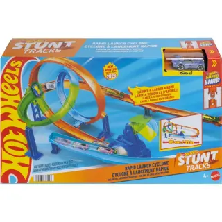 Mattel Stunt Tracks Turbo Looping Set mit Turbo-Doppel-Schleife und Multi-Car-Launcher, Rennbahn
