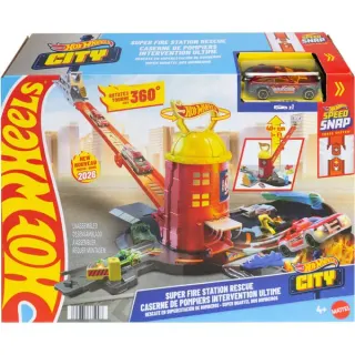 Mattel City Super Feuerwehrwache Spielset mit Rettungsleiter und Feuerwehrauto, Modellfahrzeug