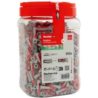 fischer Dübel DUOPOWER 6x30 BigBox (hellgrau/rot, 950 Stück, wiederverschließbare Dose)