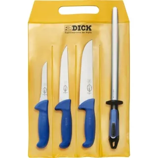 DICK ErgoGrip Starter-Set, 4-teilig, Messer (blau, Blockmesser, Ausbeinmesser, Stechmesser, Wetzstahl)