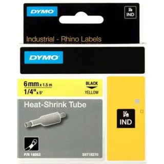 Dymo Rhino IND ORIGINAL Heißschrumpfschlauch 6mm x 1,5m, schwarz auf gelb, Etiketten- Schrumpfschlauch (für Durchmesser 1,18-2,33 mm, 18052)