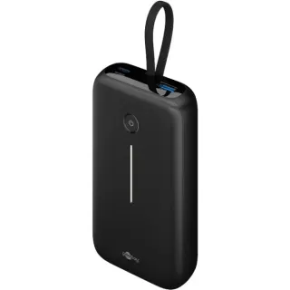 goobay Powerbank 20.000 mAh, integriertes USB-C Kabel 13cm, 30 Watt (schwarz, 20 Ah, 1x USB-A, 2x USB-C, PD, QC)