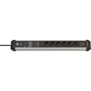 Brennenstuhl Premium-Protect-Line Steckdosenleiste 6-fach (schwarz/aluminium, 3 Meter, 60.000A Überspannungsschutz, 2x USB-A)