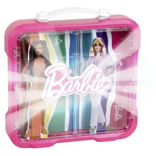 Theo Klein Barbie - Vitrinenkoffer für 4 Barbies, Aufbewahrungsbox (pink/transparent, mit leuchtendem Barbie Logo)