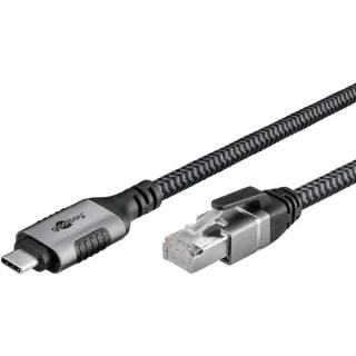 goobay Ethernet-Kabel USB-C 3.2 Gen2 Stecker > RJ-45 Stecker, LAN-Adapter (schwarz/silber, 7,5 Meter, geflochtener Textilmantel)