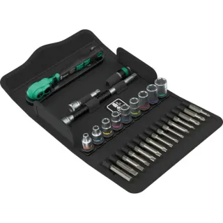 Wera 8100 SA 15 Zyklop Comfort Knarrensatz, 1/4", Werkzeug-Set (schwarz/grün, 28-teilig, Comfort-Knarre mit Umschalthebel)