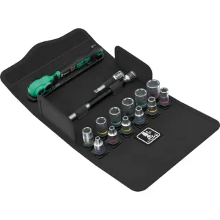 Wera 8100 SA 13 Zyklop Comfort Knarrensatz, 1/4", Werkzeug-Set (schwarz/grün, 15-teilig, Comfort-Knarre mit Umschalthebel)