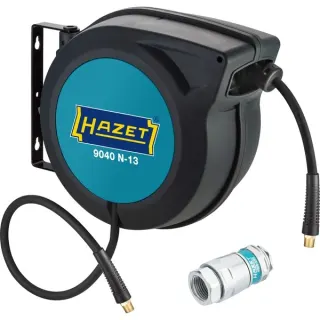 Hazet Schlauchaufroller 9040N/2 Set, 15 Meter, Druckluftschlauch (schwarz/blau, 90cm Anschlussschlauch, Sicherheits-Kupplung)