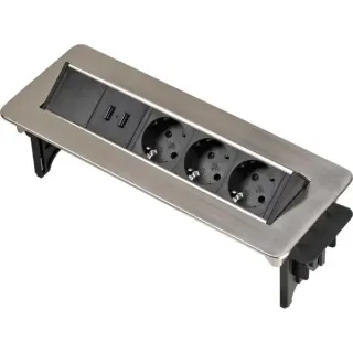 Brennenstuhl Indesk-Power versenkbare Steckdosenleiste 3-fach (silber/schwarz, 2 Meter, 2x USB)