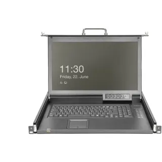 Digitus Modulare HD LCD KVM Konsole mit 17" TFT 8 Port Cat 5, KVM-Switch (schwarz, deutsches Tastaturlayout, 8 Port Cat 5 KVM-Switch, Touchpad)