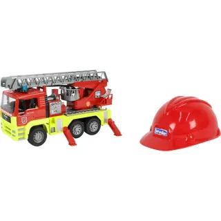 bruder 01760 Feuerwehrfahrzeug mit Drehleiter, Licht- und Soundmodul und Spielhelm, Modellfahrzeug