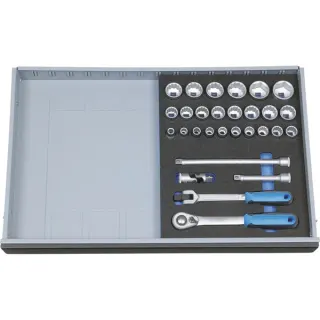 GEDORE Steckschlüssel-Sortiment 1/2", 29-teilig (mit Umschalt-Knarre/Gelenkgriff, in 2/4 Check-Tool-Modul)