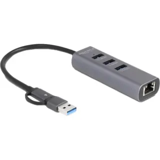 DeLOCK 3 Port USB 5 Gbps Hub + Gigabit LAN mit USB Type-C, Dockingstation (grau)