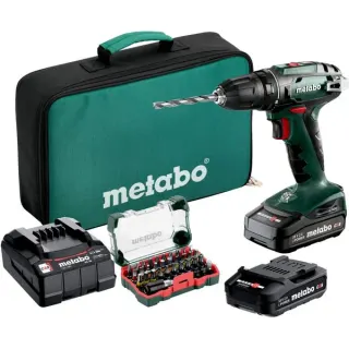 Metabo BS 18 Set (602207930) Akku-Bohrschrauber, 18Volt (grün/schwarz, 2x Li-Ionen Akku 2,0Ah, in Werkzeugtasche + 32-teiliges Zubehör)