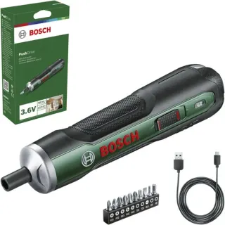 Bosch Heimwerken & Garten Akkuschrauber PushDrive 3,6Volt (grün, mit 10-teiligem Schrauberbit-Set)