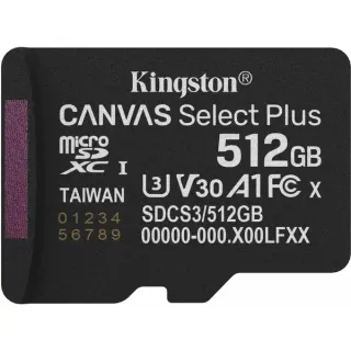 Kingston Canvas Select Plus 512 GB MicroSDXC, Speicherkarte (schwarz, UHS-I U3, Class 10, V30)