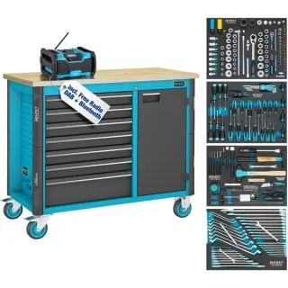 Hazet Werkbank Assistent (179NW-7/210), fahrbar, Sortiment, Werkzeugwagen (blau/schwarz, 210-teilig inkl. DAB Radio)