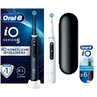 Oral-B iO Series 5 Duo, Elektrische Zahnbürste (schwarz/weiß, Matt Black/Quite White inkl. 2. Handstück)