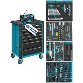 Hazet Werkstattwagen Assistent mit Sortiment (179N-7/153EC), Werkzeugwagen (blau/schwarz, 153-teilig, inkl. DAB Radio)