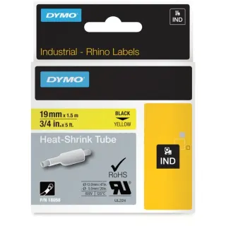 Dymo Rhino IND ORIGINAL Heißschrumpfschlauch 19mm x 1,5m, schwarz auf gelb, Etiketten- Schrumpfschlauch (für Durchmesser 4,64-8,7 mm, 18058)