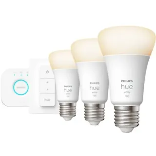 Philips HUE White Starter-Kit E27, LED-Lampe (drei Lampen, eine Hue-Bridge, ein Dimmschalter, ersetzt 75 Watt)
