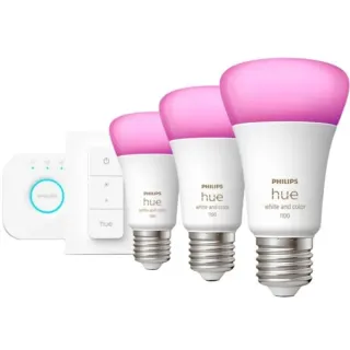 Philips HUE White & Color Ambiance Starter-Kit E27, LED-Lampe (drei Lampen, eine Hue-Bridge, ein Dimmschalter, ersetzt 60 Watt)