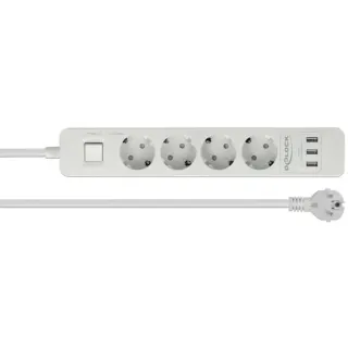 DeLOCK Steckdosenleiste 4-fach, 3x USB (weiß, 1,5 Meter Kabel, Überspannungsschutz, mit Schalter)