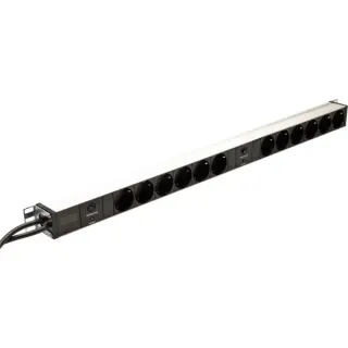 Digitus 19" Steckdosenleiste mit Aluminiumprofil, 12-fach, 1HE (schwarz/aluminium, 2x 2 Meter Kabel, Überlastschutz)
