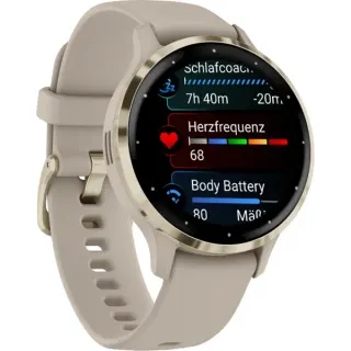 Garmin Venu 3S, Smartwatch (beige/gold, 41 mm, schwarzes Silikon-Armband)