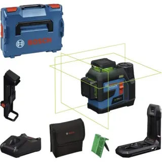 Bosch Professional Akku-Linienlaser GLL 12V-100-33 CG Professional (blau/schwarz, Li-Ion Akku 12V 2,0Ah, grüne Laserlinien, inkl. Universalhalter LB 10, Deckenklemme DK 20, L-BOXX)