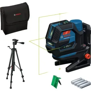 Bosch Professional Akku-Kombilaser GCL 12V-50-22 CG Professional, Kreuzlinienlaser (blau/schwarz, grüne Laserlinien und Lotpunkte, inkl. Drehhalterung RM 20 und Baustativ BT 150)